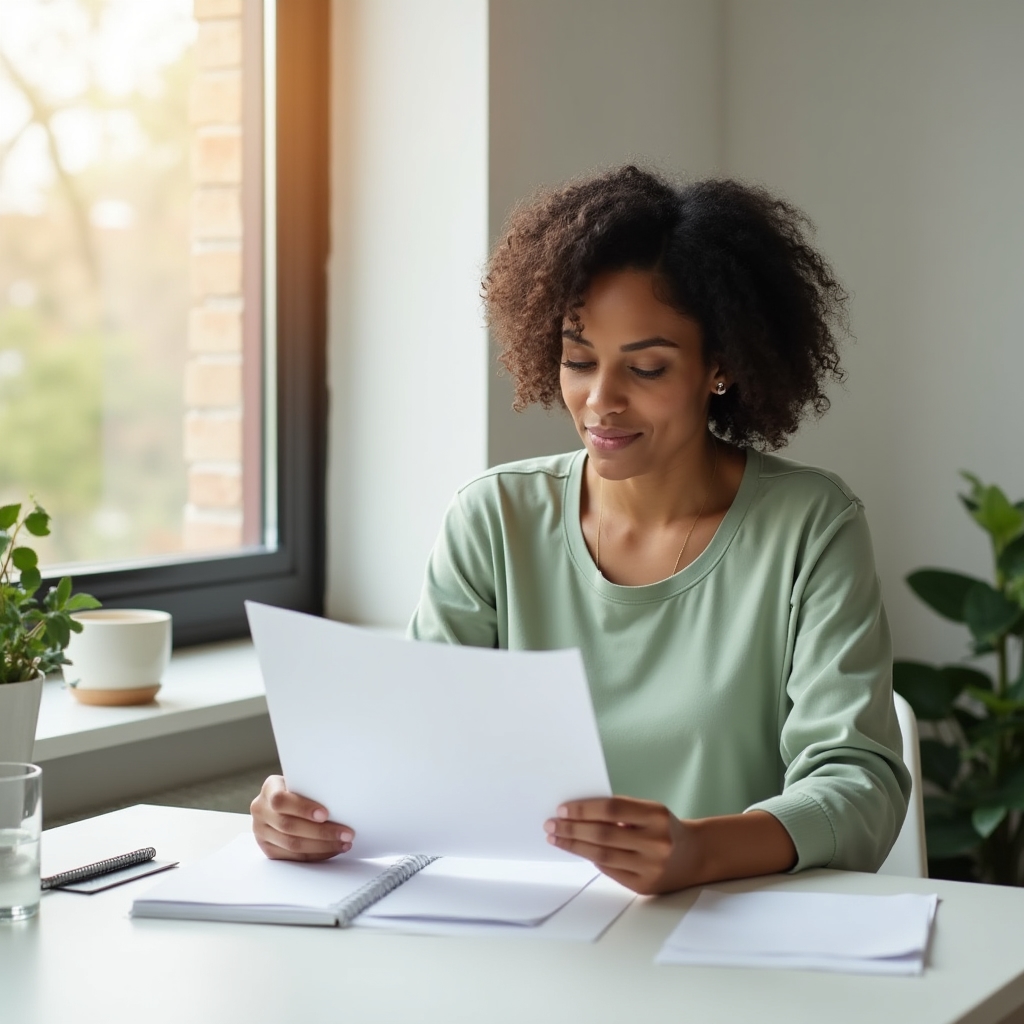 Person reviewing wellness program materials at a clean desk with natural light, relaxed and focused expression